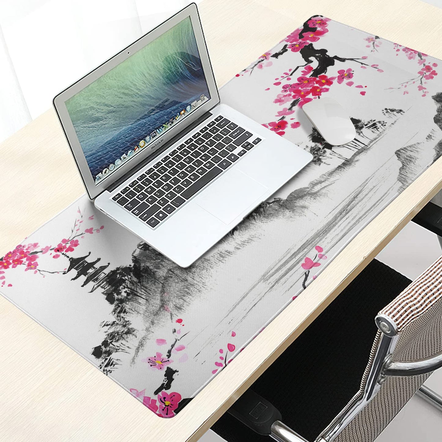 Watercolor Cherry Blossom Mouse Pad 35.4 X 15.7 Inch Japanese Hills Extended Large Pink Mouse Mat
