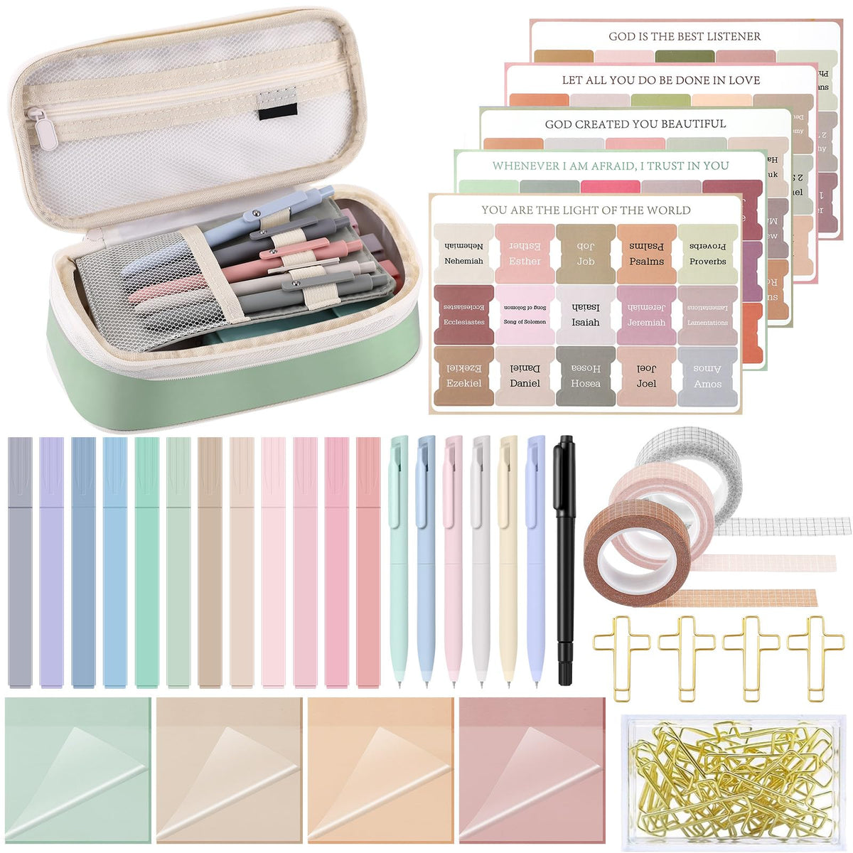 Dunzoom 137 Pcs Bible Study Supplies Journaling Kit 1 Pencil Case 12 Highlighters 4 Sticky Notes 6