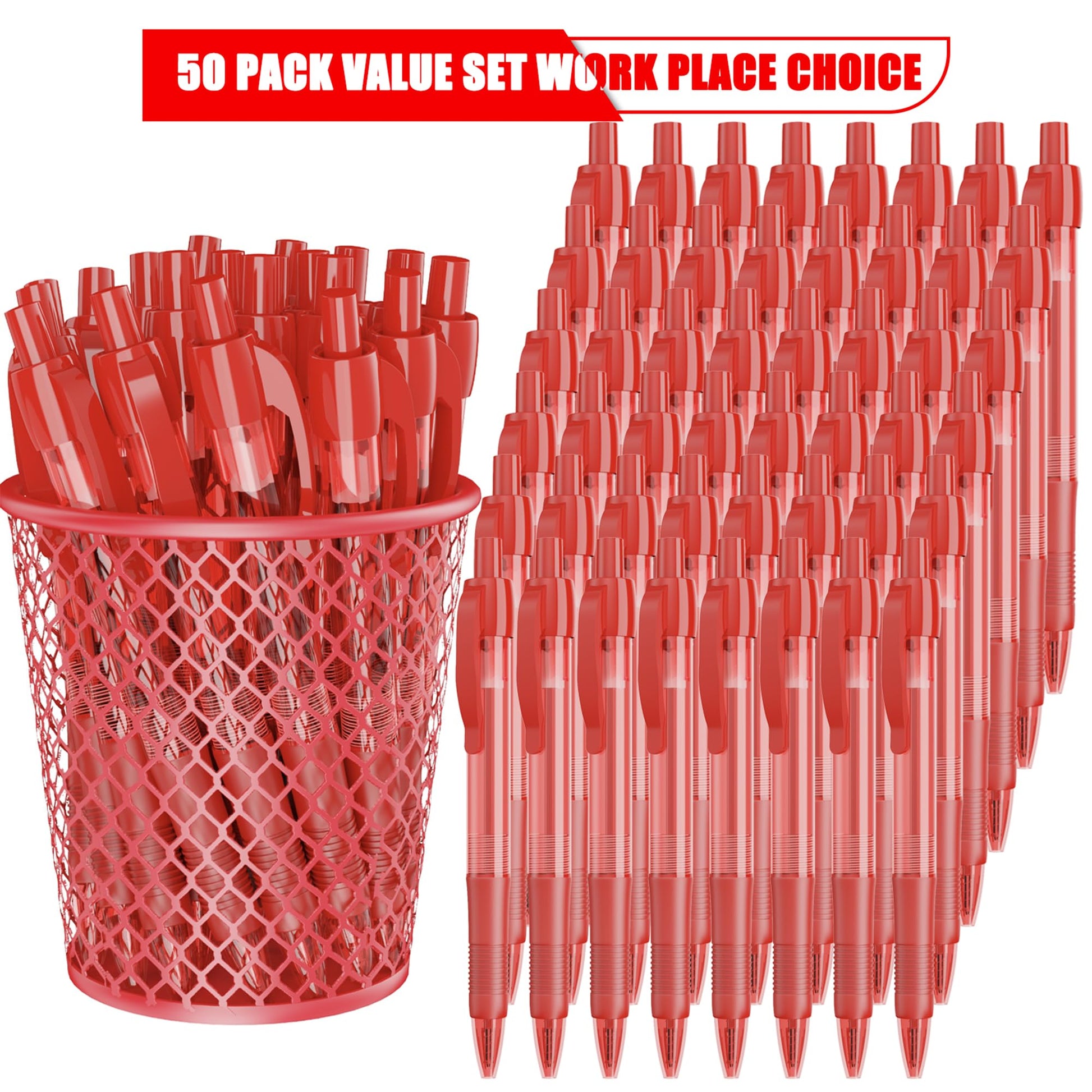 deegtran Pens Bulk, 50 Pack No Bleed Red Ink Click Pens with Soft Grip, Wholesale Retractable