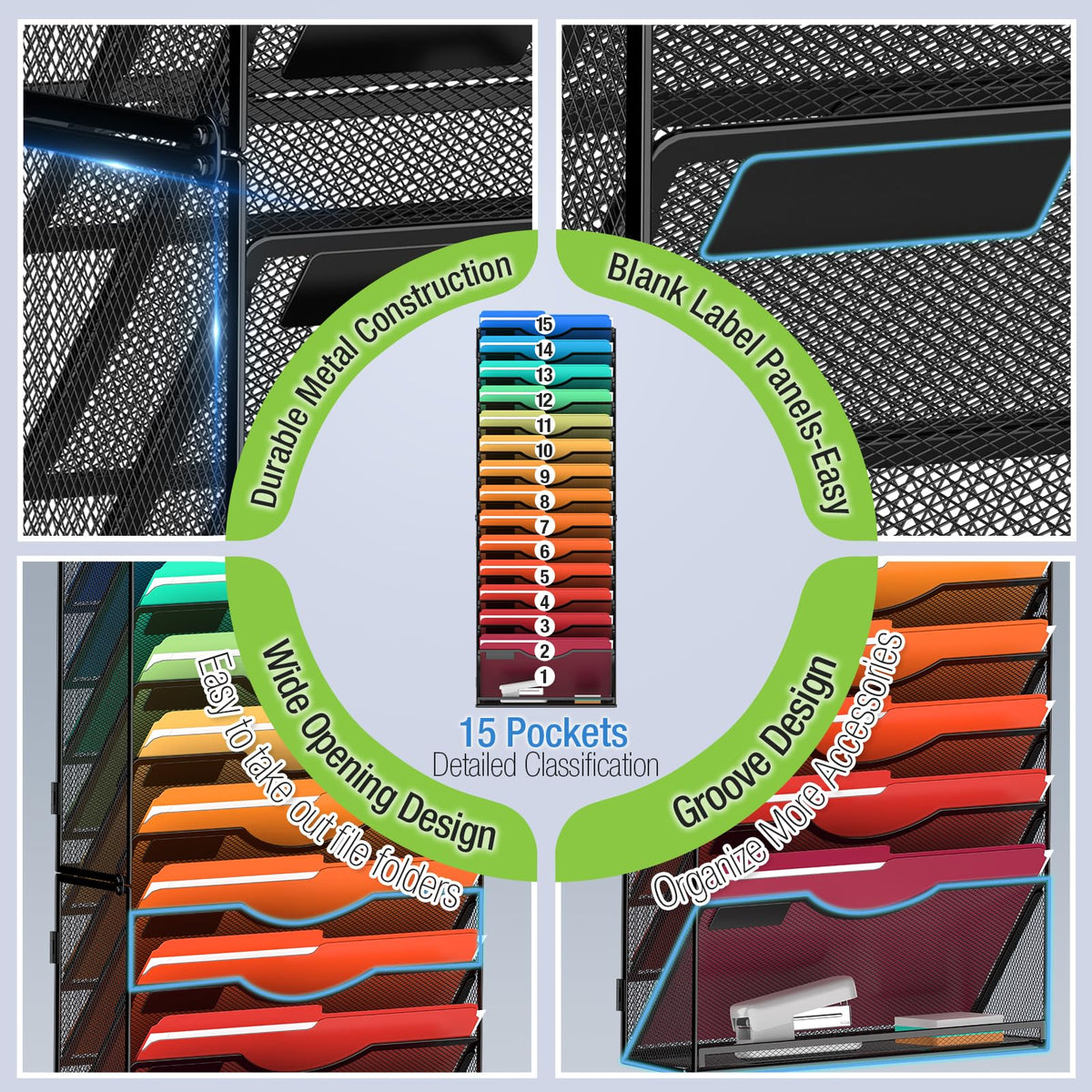 MINDEPOT 15 Tier Wall File Holder Hanging Wall Mount Paper File Organizer for Mails Folders