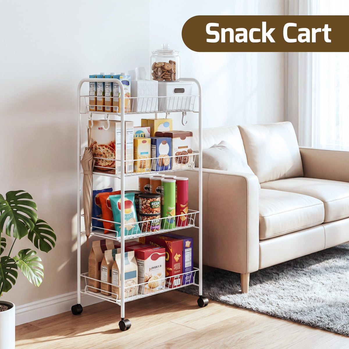 PLKOW 4-Tier Rolling Utility Cart with Detachable Baskets, White