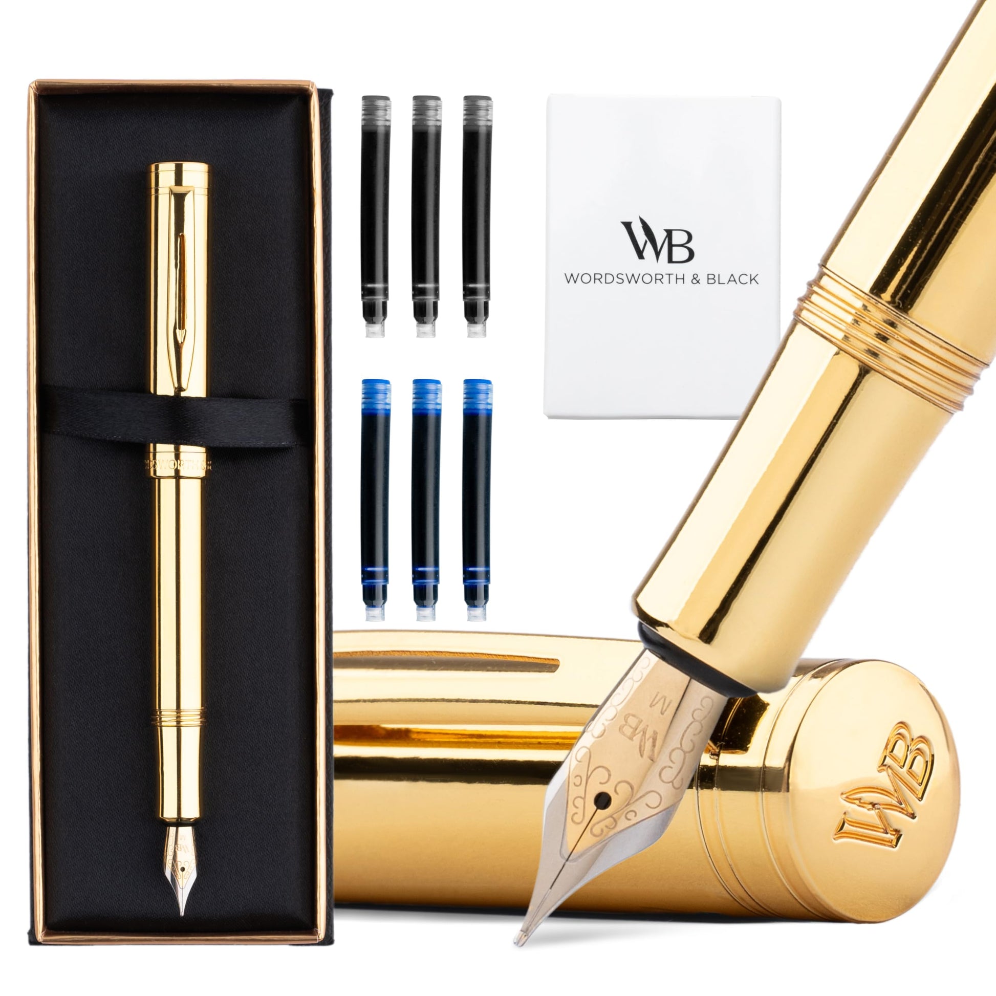 Wordsworth & Black Mini Pocket Fountain Pen for Writing, Medium Nib, Gold
