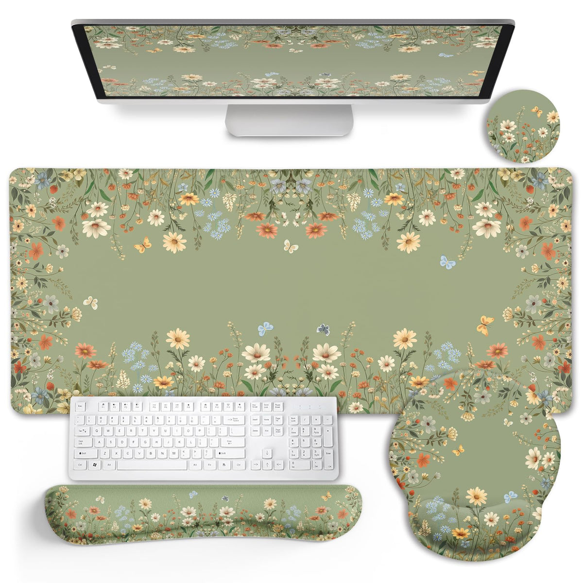 LIMKRIAN Floral Desk Mat Set, Cute Green Desk Accessories Gifts for Women