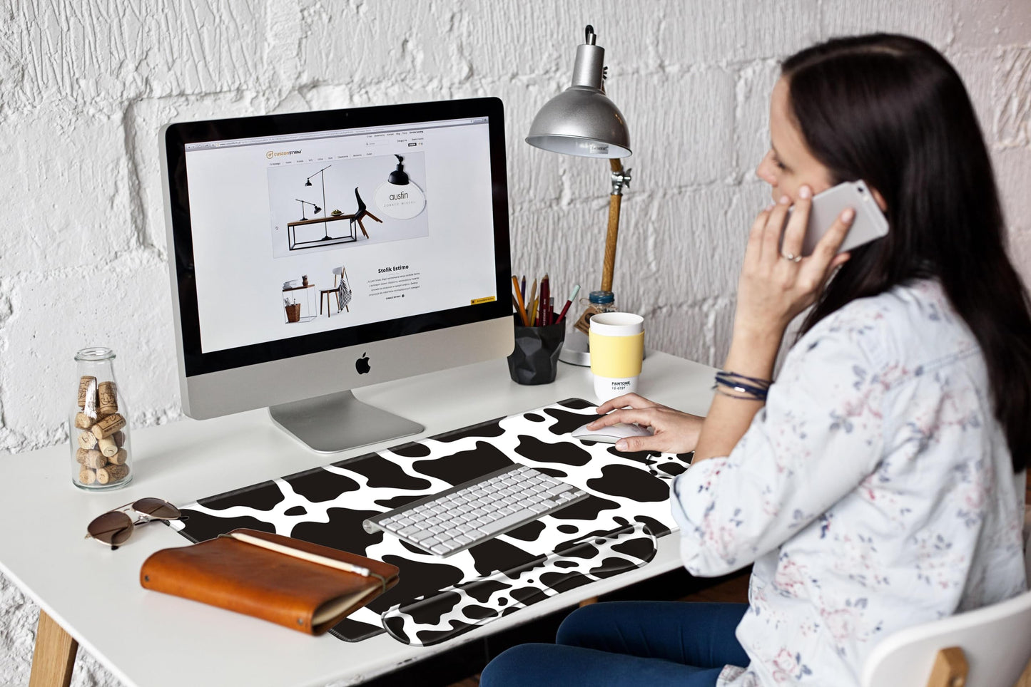 Cow Print Desk Pad Mat Large Mouse Pad and Keyboard Wrist Rest Set 3 in 1 Desk Protector Mat XXL