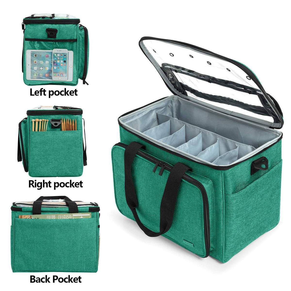 Teamoy Knitting Bag, Yarn Storage Organizer Crochet Bag Tote, Green