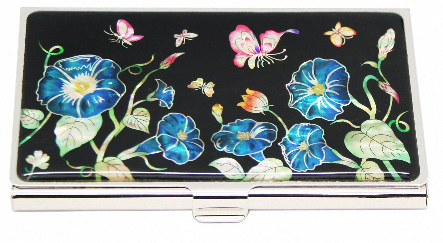 Antique Alive Mother of Pearl Blue Morning Glory Flower Design Metal Business Credit Name Id Card