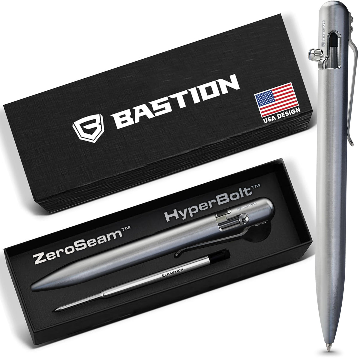 BASTION Bolt Action Pen, Titanium Silver, HyperBolt & ZeroSeam EDC Pen, Refillable Titanium Writing