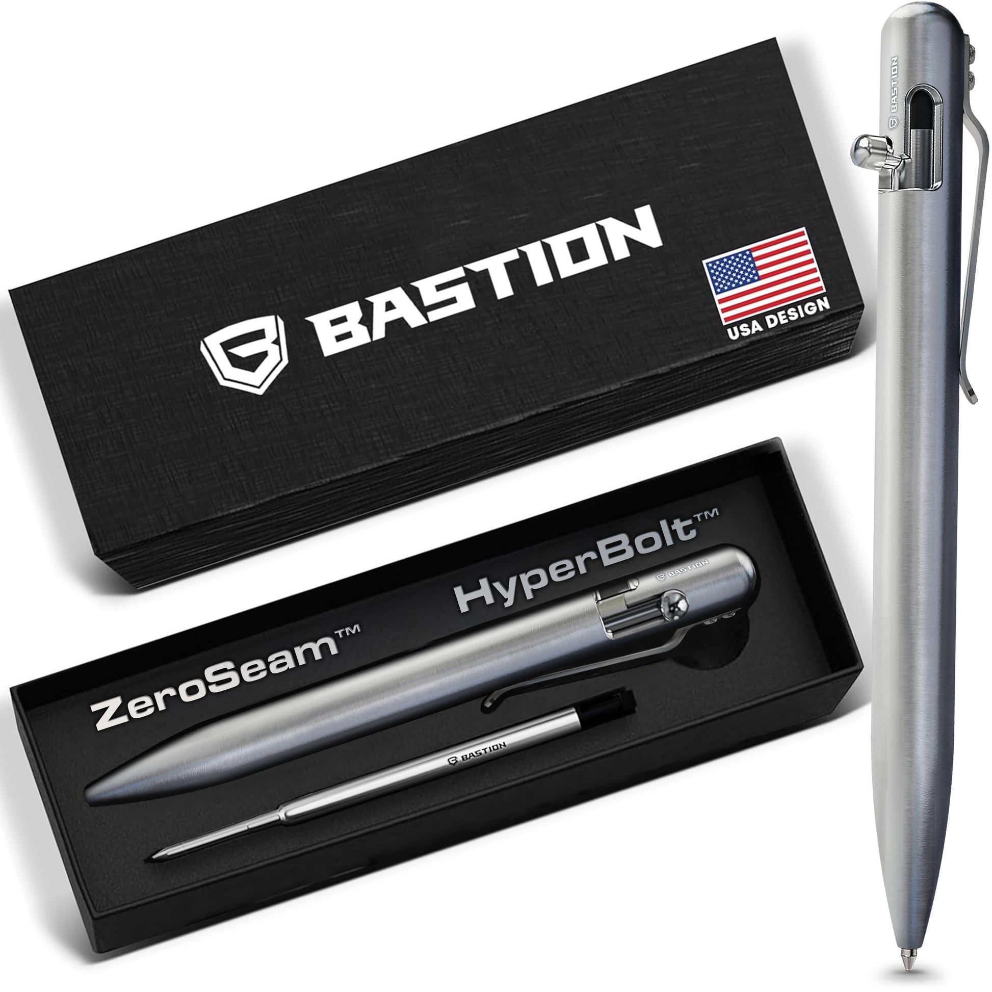 BASTION Bolt Action Pen, Titanium Silver, HyperBolt & ZeroSeam EDC Pen, Refillable Titanium Writing