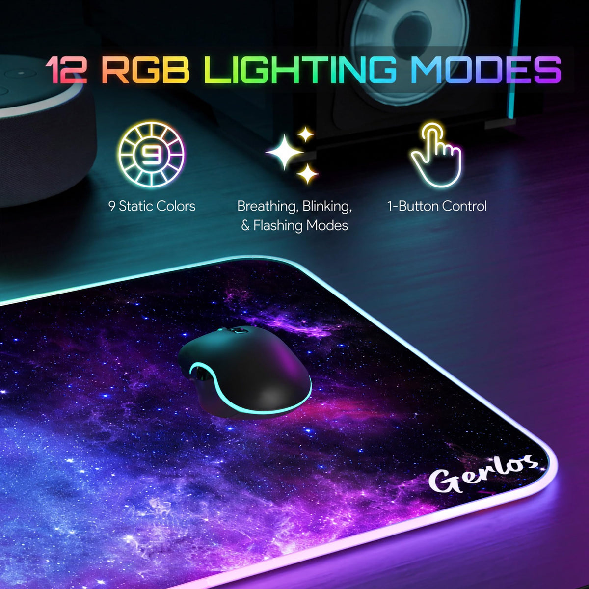 Gerlos RGB Gaming Mouse Pad, Large LED Desk Mat for Gamer, 31.5" x 11.8"