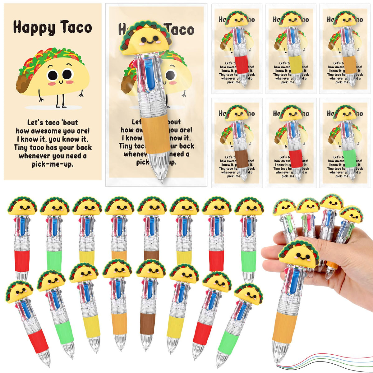 Sayglossy 36 Sets Taco Pens Bulk, 4-in-1 Taco Party Favor Pens with Cards
