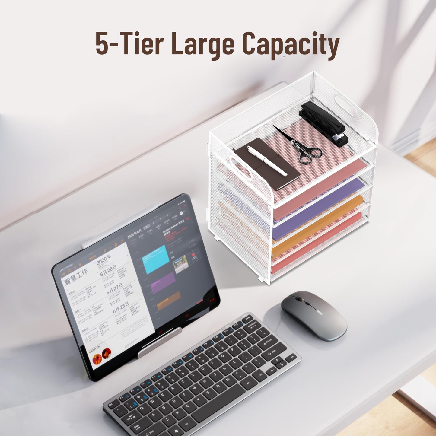 2 Pack 5-Tier White Desk Organizer with Handle Mesh Desk File/Paper Organizer Letter Tray for