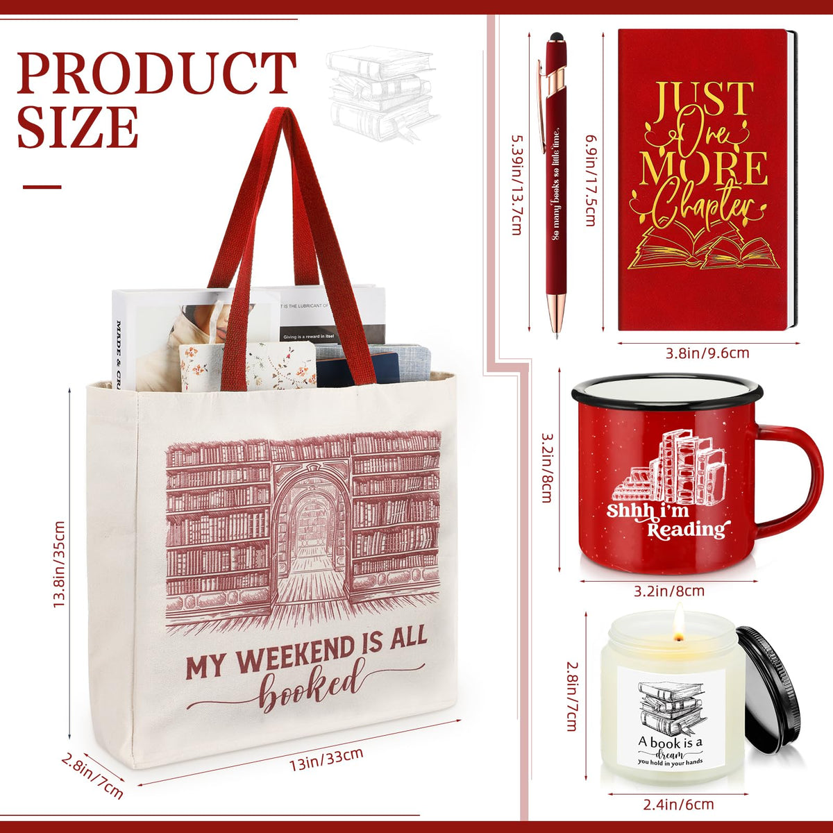 Jetec 5 Piece Book Lovers Set, Canvas Tote Bag Notebook, Candle, Red