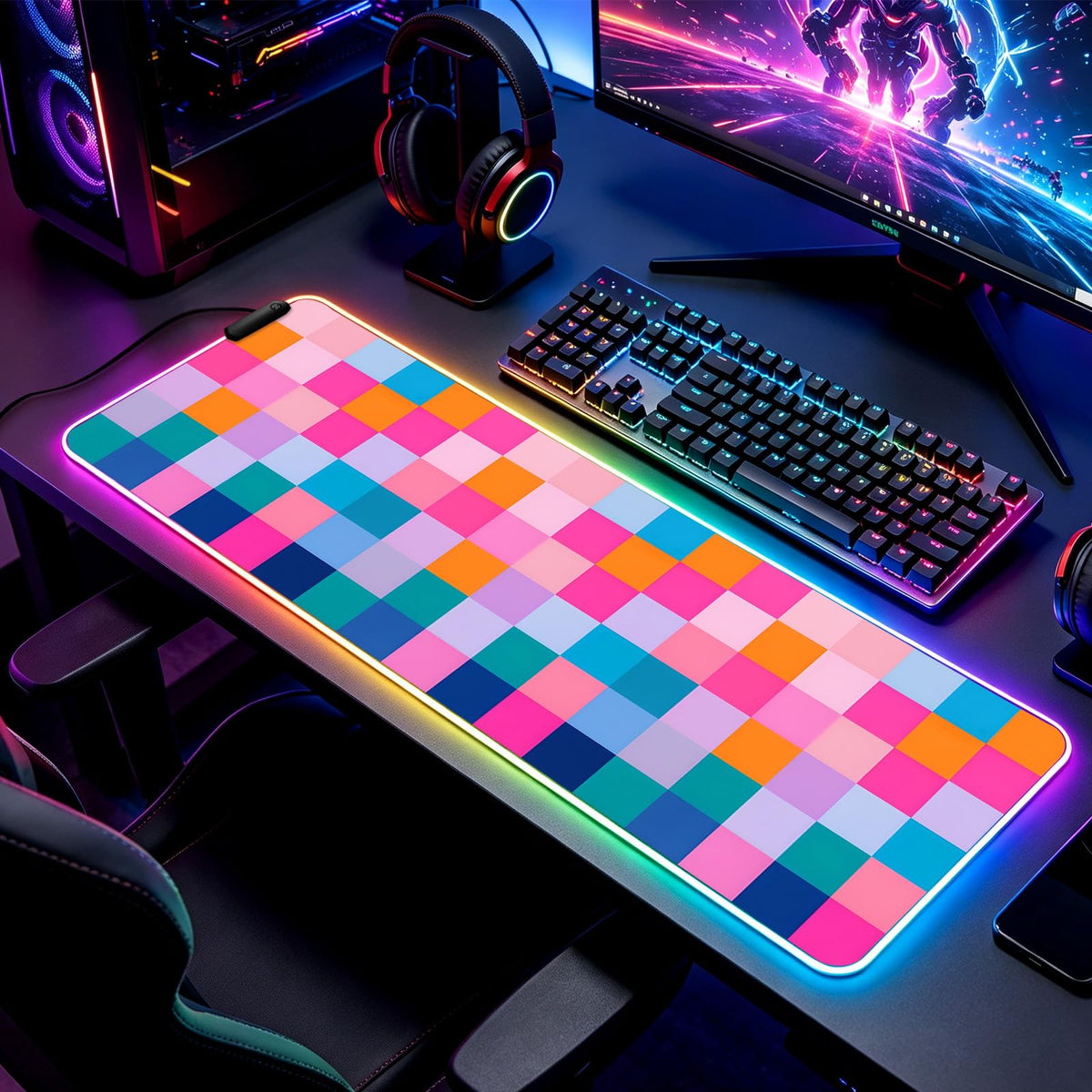 JIANG100 RGB Vibrant Multicolor Checkered Gaming Desk Mat & Mouse Pad, XL