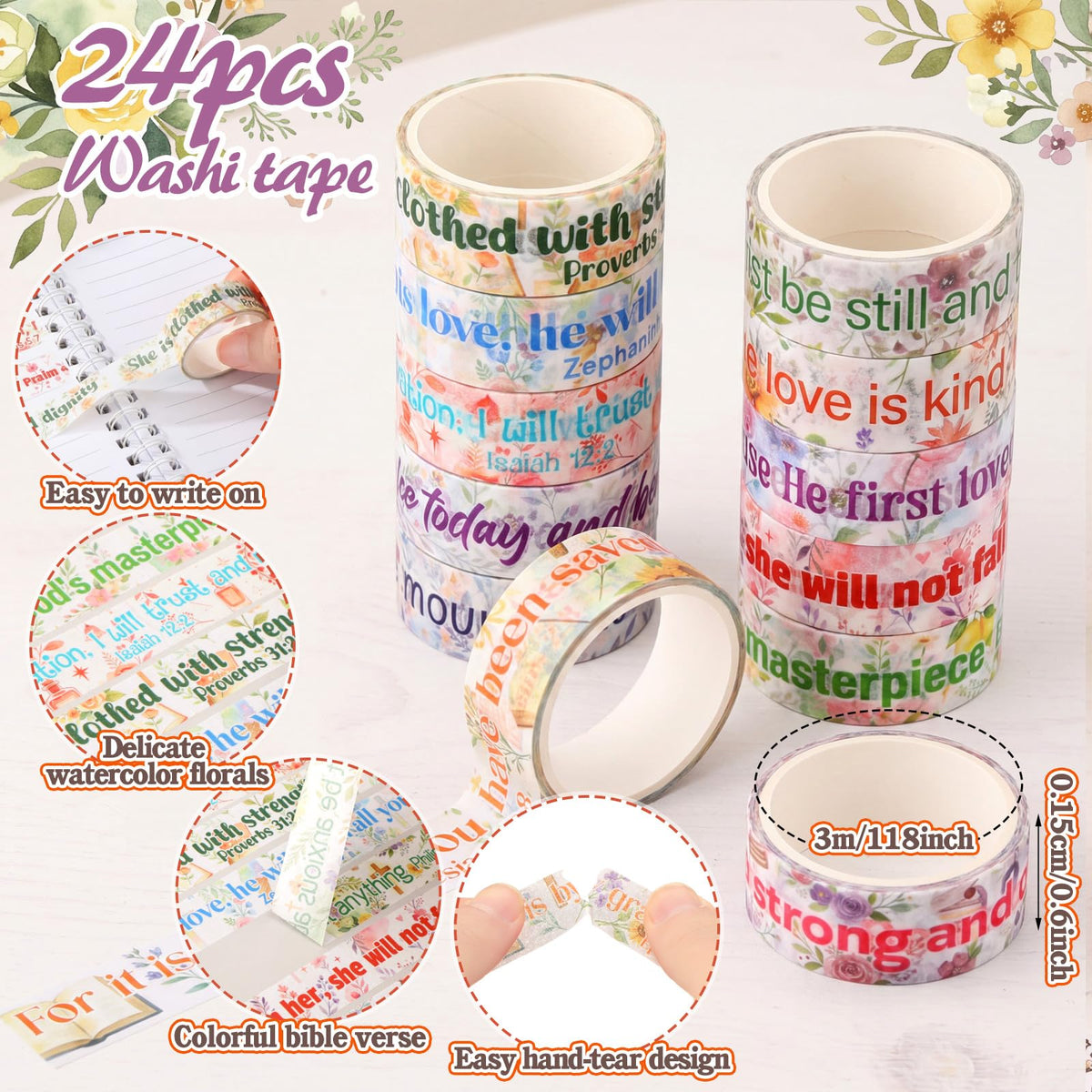 Janlaugh 24 Rolls Christian Washi Tape Gifts, Inspirational Religious