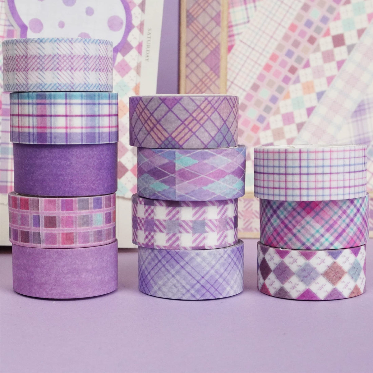 YUBX Basic Grid Washi Tape Set 12 Rolls Plaid Decorative Masking Tapes for Arts, DIY Crafts