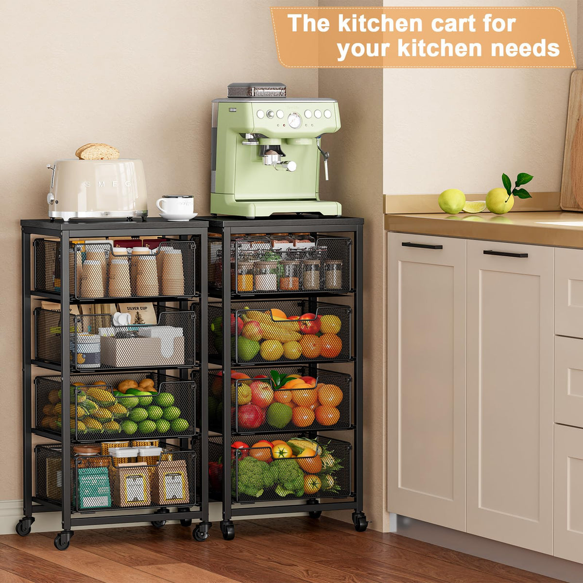 4-Tier Fruit Vegetable Storage Cart - Kitchen Organizer and Storage Cart with Wheels, Wooden Top