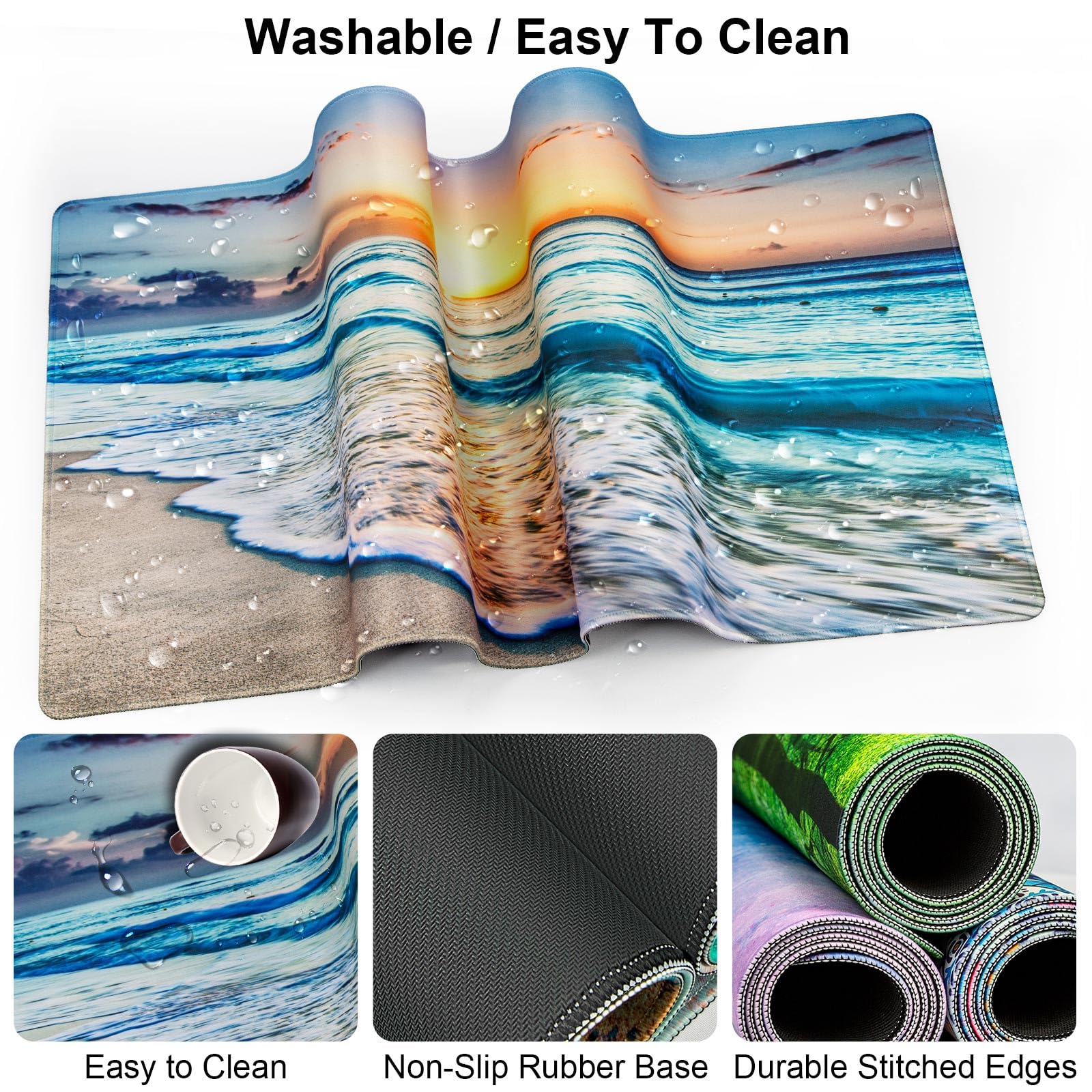 4 in 1 Mouse Pad and Keyboard Wrist Rest,Large Desk Mat,Coaster Set-Beach