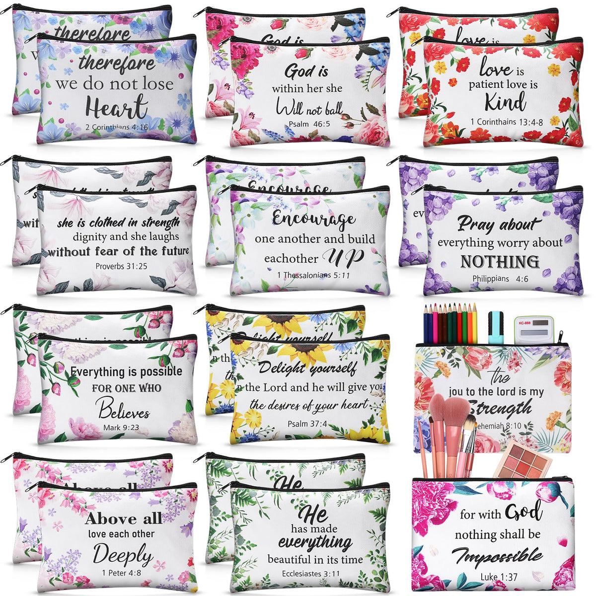 Qeeenar 12 Pack Christian Cosmetic Makeup Bags Religious Bible, Floral
