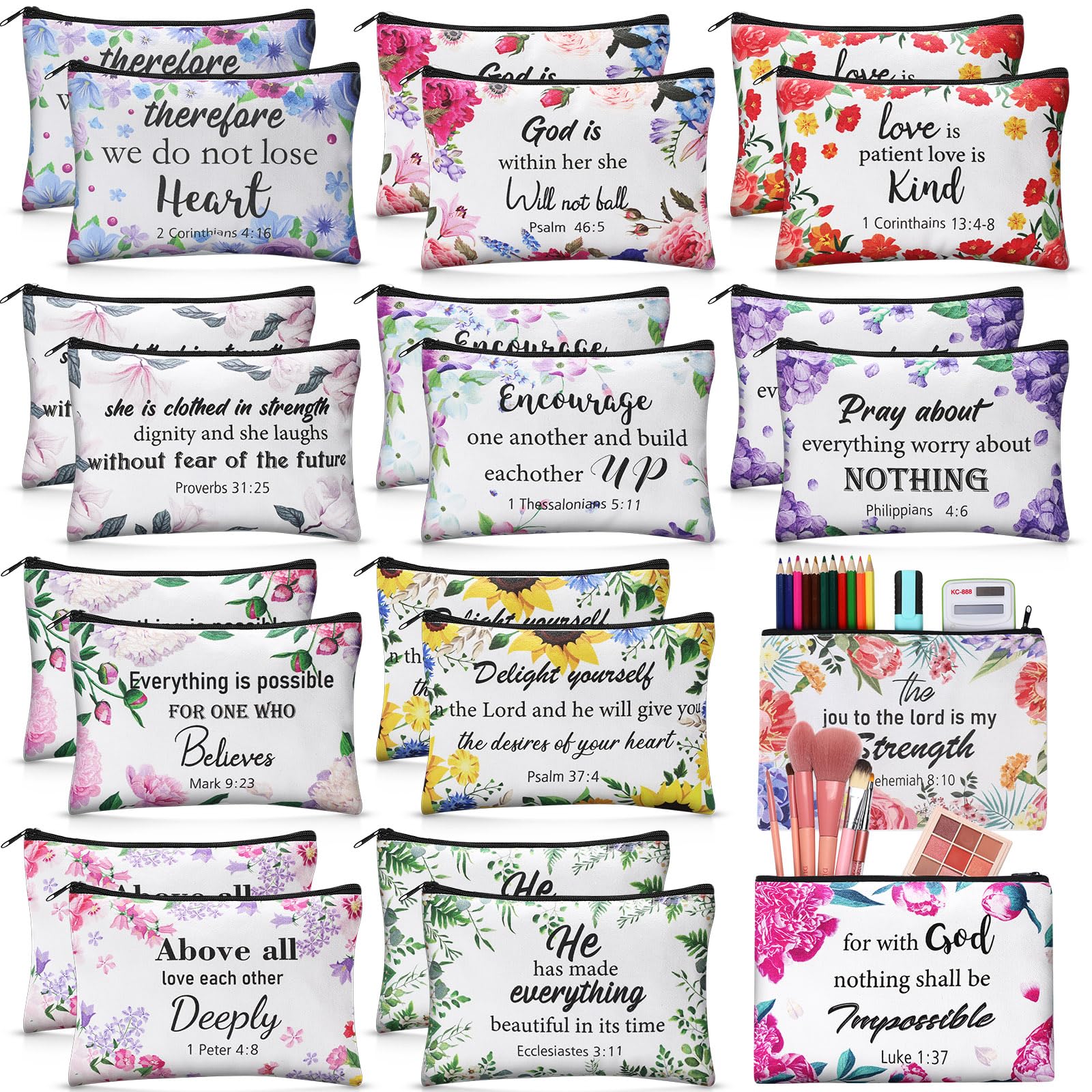 Qeeenar 12 Pack Christian Cosmetic Makeup Bags Religious Bible, Floral