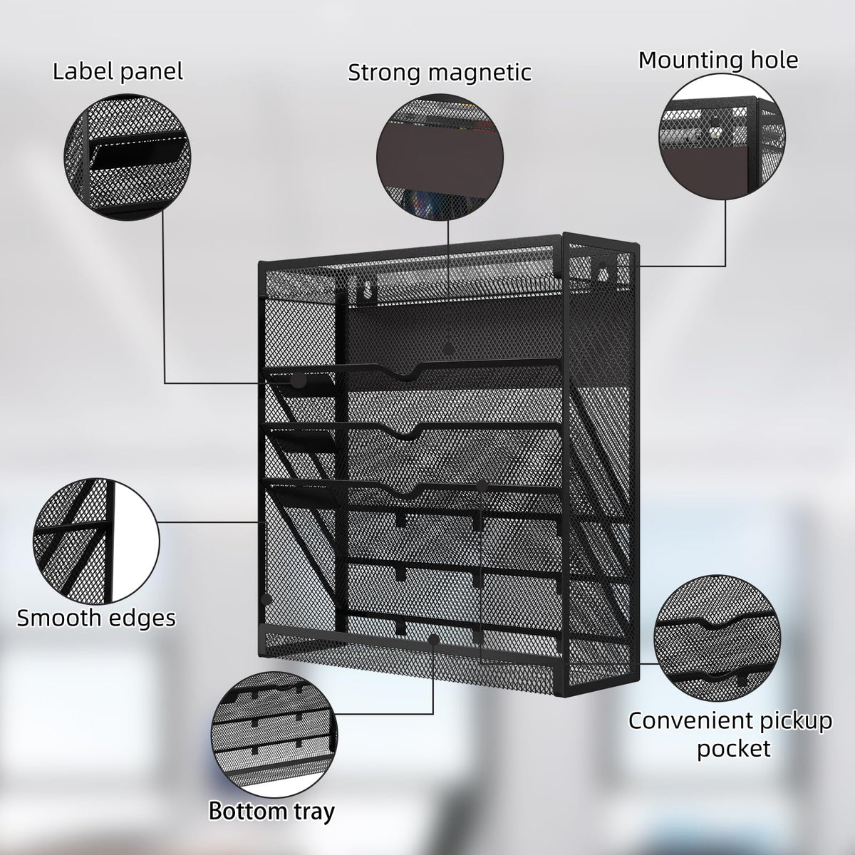 5 Tier Magnetic File Holder, No Drilling Wall File Organizer, Magazine Paper Mail Document