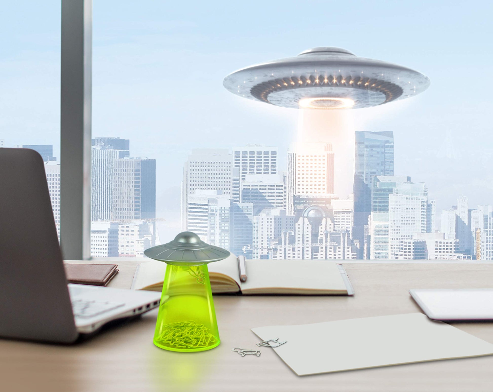Genuine Fred Filing Saucer Paperclip Dispenser UFO Holder with Cow Paperclips, Space Themed Desktop