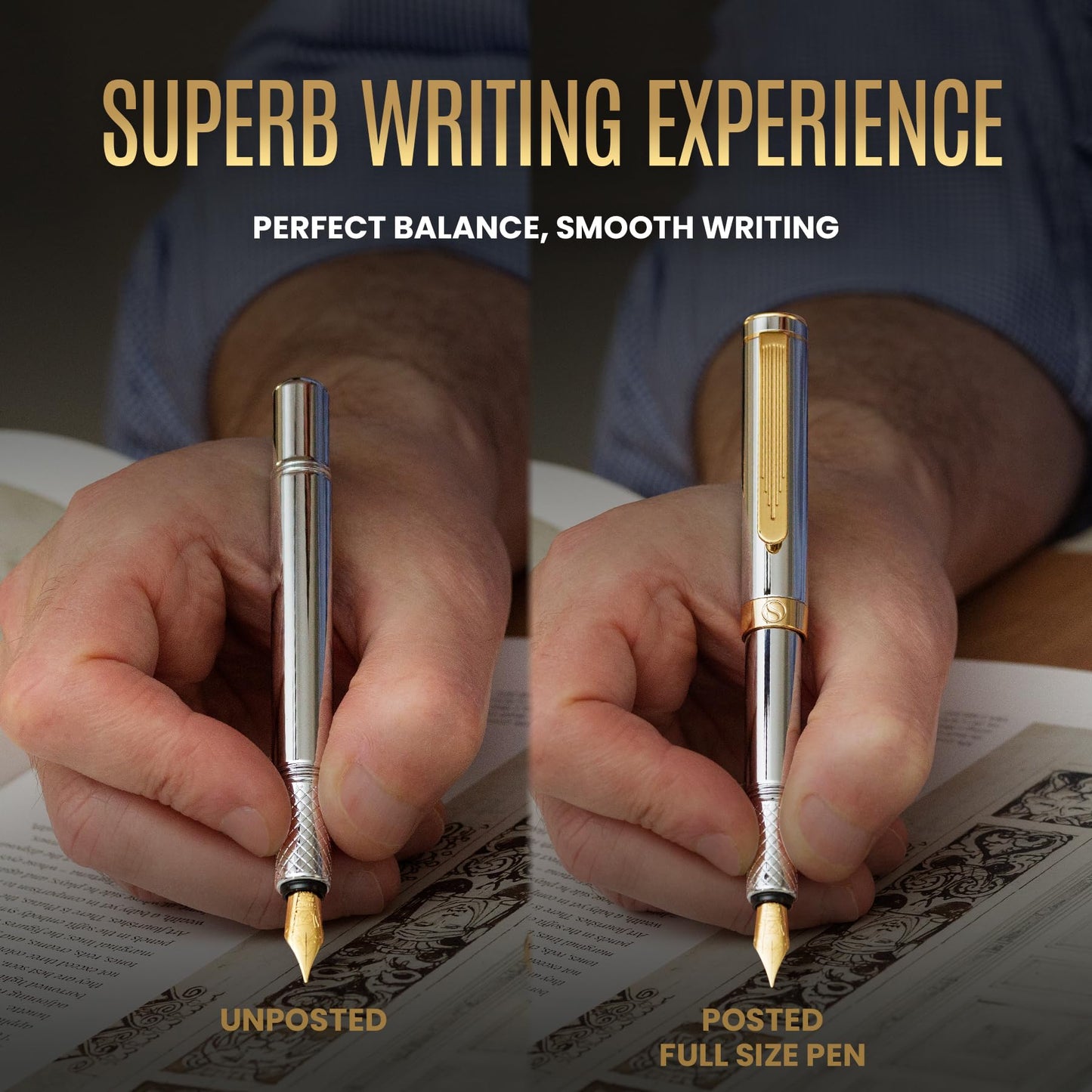 Scriveiner Silver Chrome Fountain Pen (Fine), Award Winning, Heavy Pocket Stunning Luxury Pen, Real