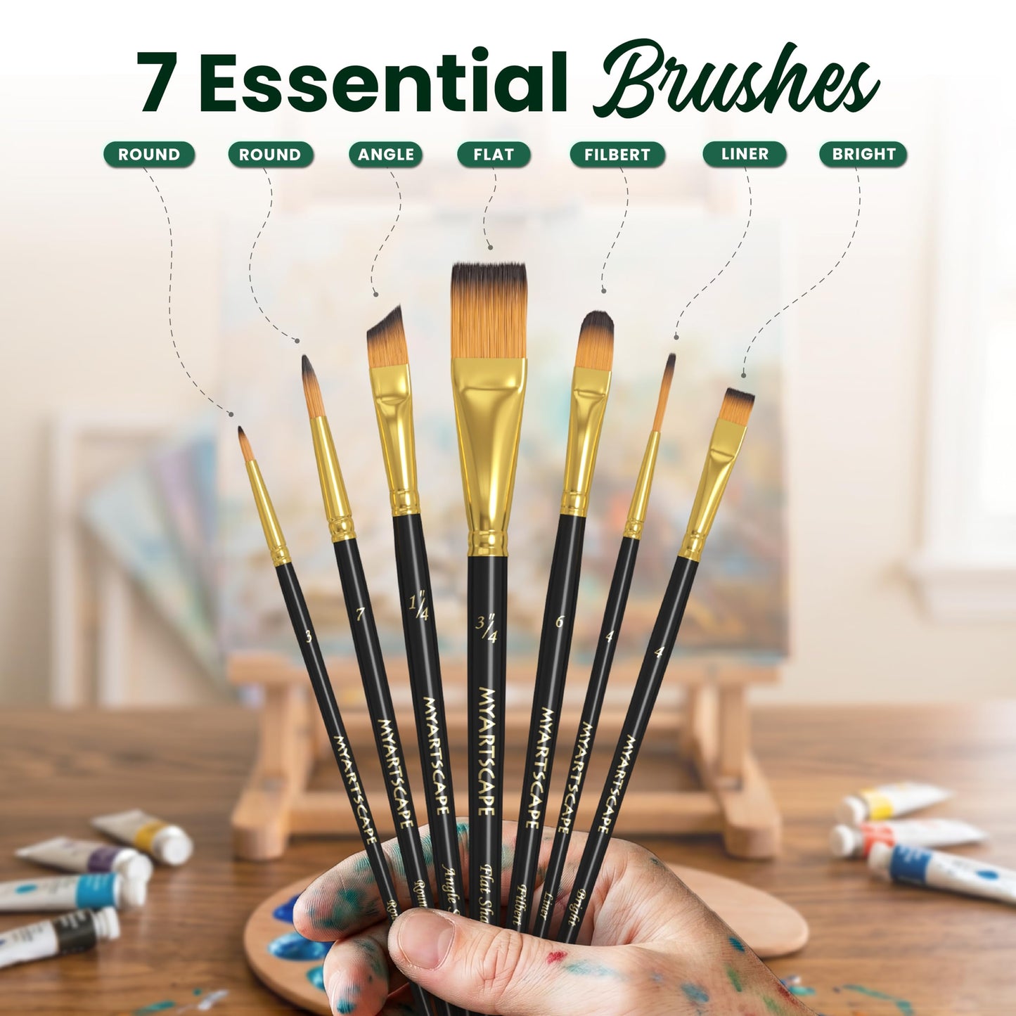 MyArtscape Travel Paint Brush Set - 7 Taklon Brushes with Case
