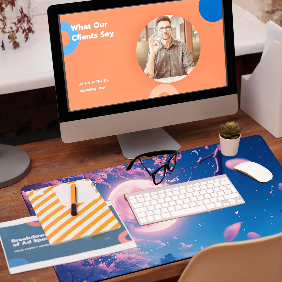 KOAIWPAE Large Gaming Mouse Pad for Desk, Falling Cherry Blossoms Desk Mat, Bright Full Moon Desk