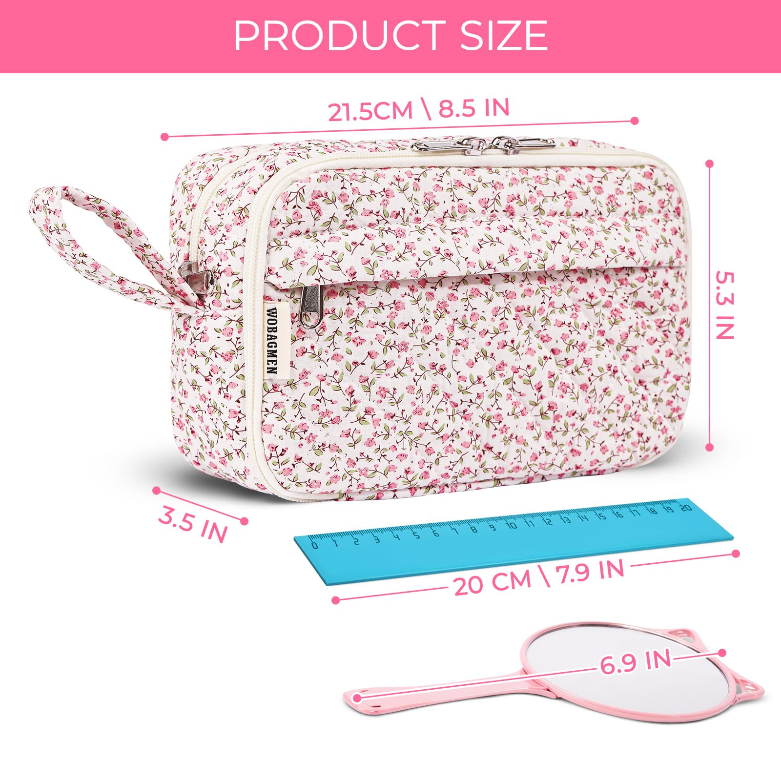 WOBAGMEN Quilted Pencil Pouch, Pink Floral, Girls Women