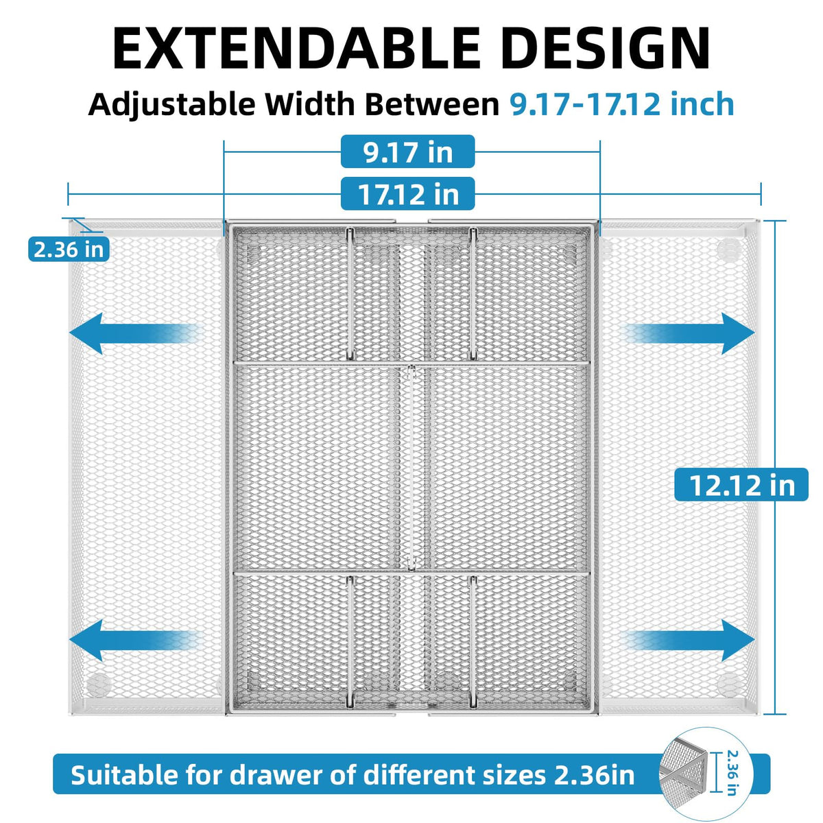 Marbrasse Expandable Desk Drawer Organizer, Mesh Tray with 10 Adjustable Compartments, Desk