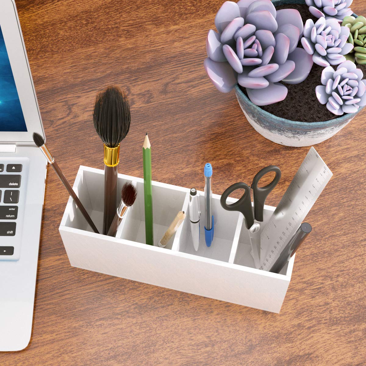 NIUBEE Acrylic Pen Holder 4 Compartments, White Pencil Organizer Cup for Countertop Desk Accessory