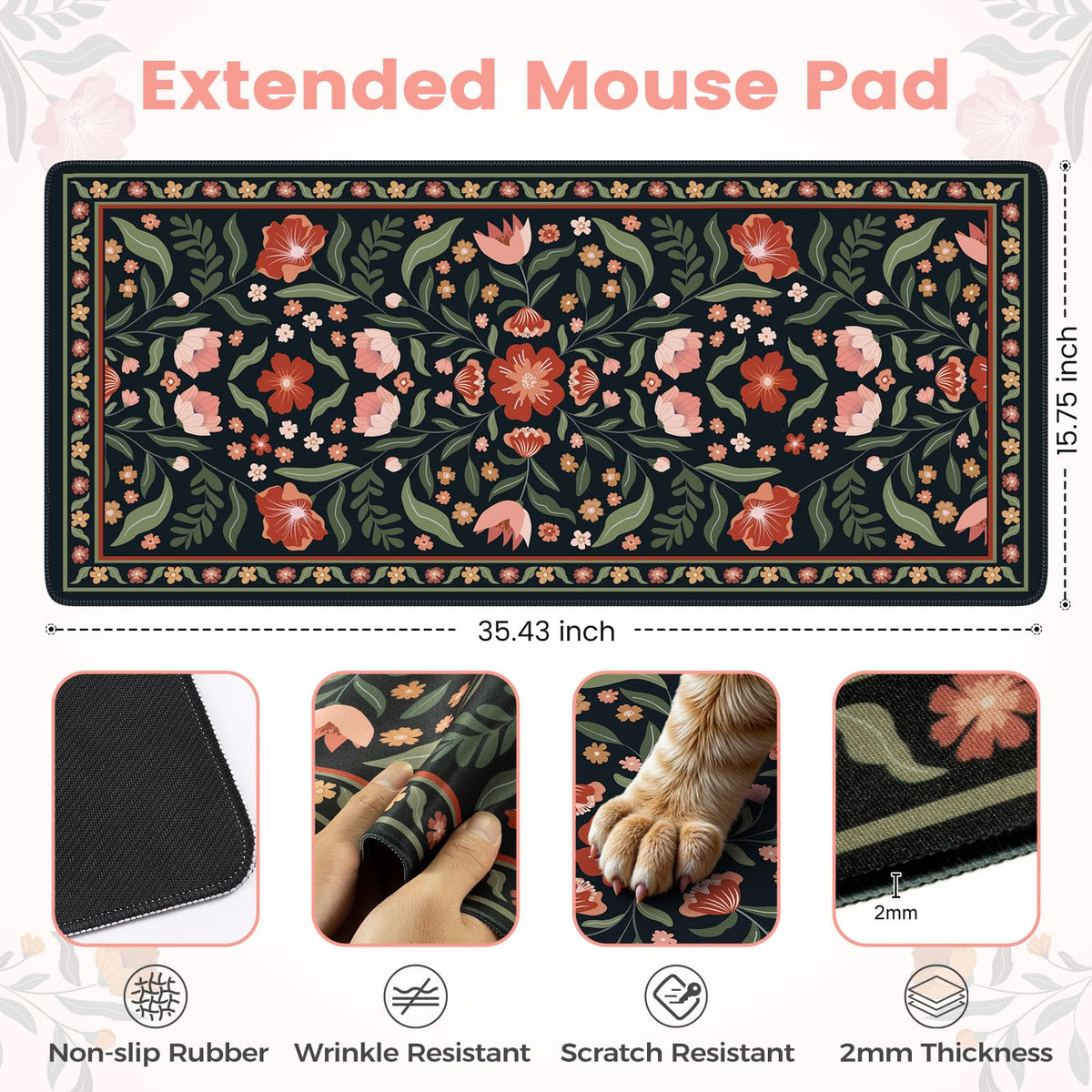 iLeadon Cute Desk Cover Mat, Large Floral Desk Pad for Keyboard and Mouse