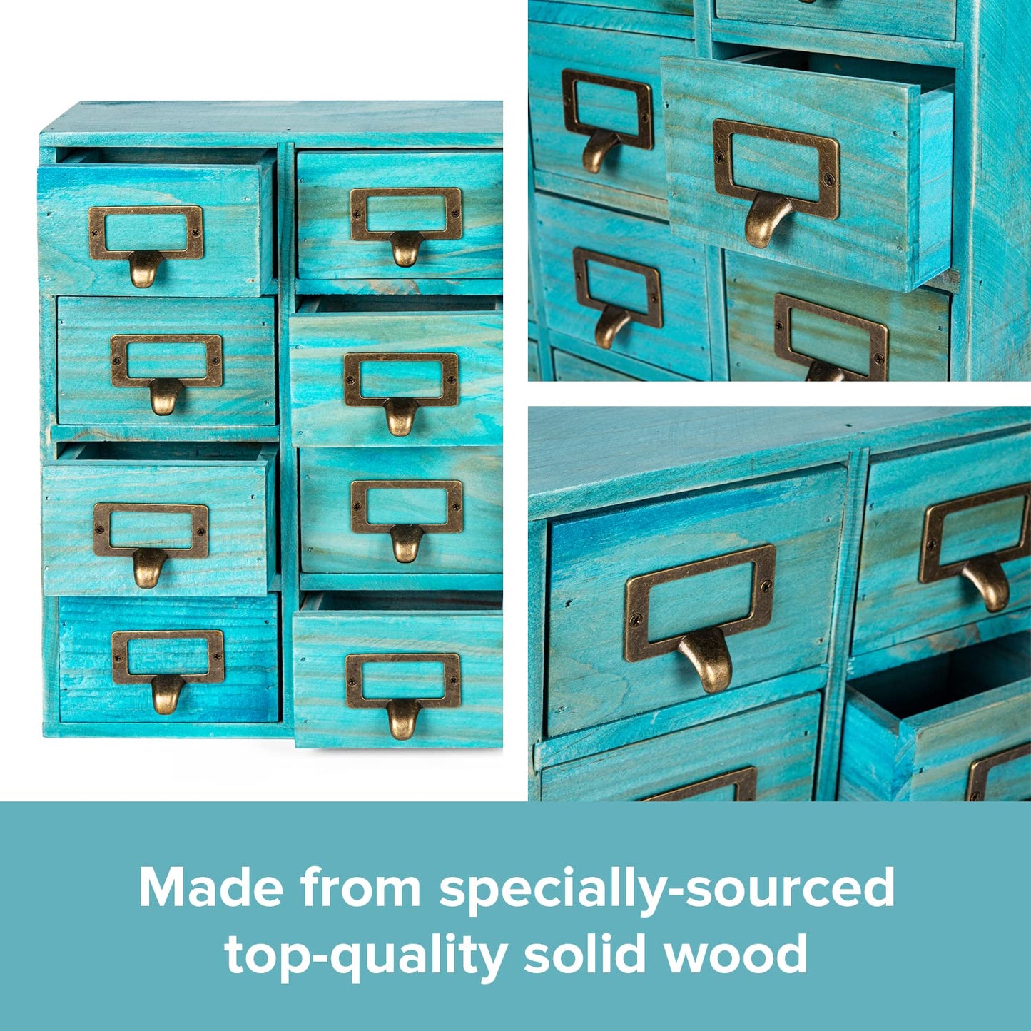 Teal 16-Slot Wooden Drawer Unit - Country Style Desk Organizer Box - 20"x3.6”x14” Wooden Storage