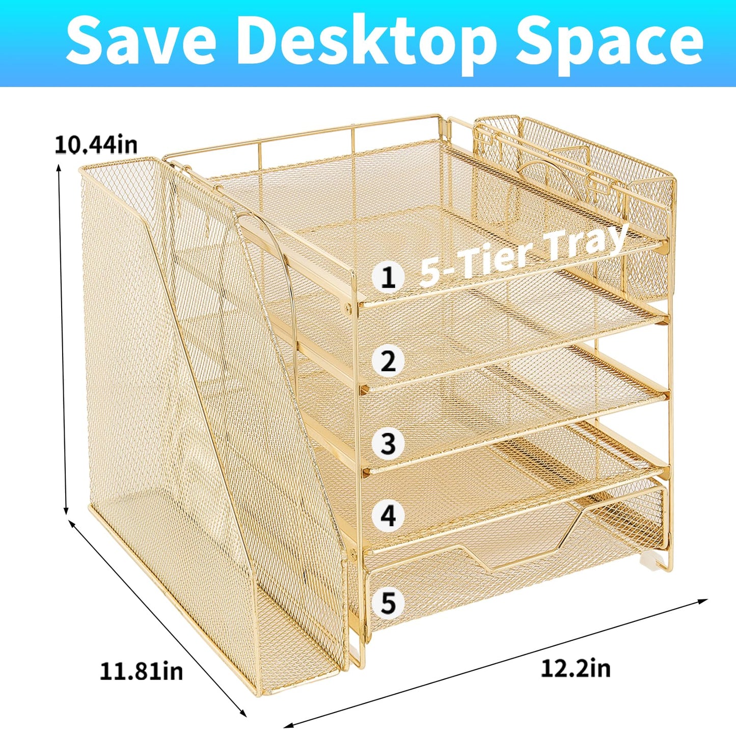 Gugsey 5-Tier Desk File Organizer with Drawer & Pen Holder (Gold)