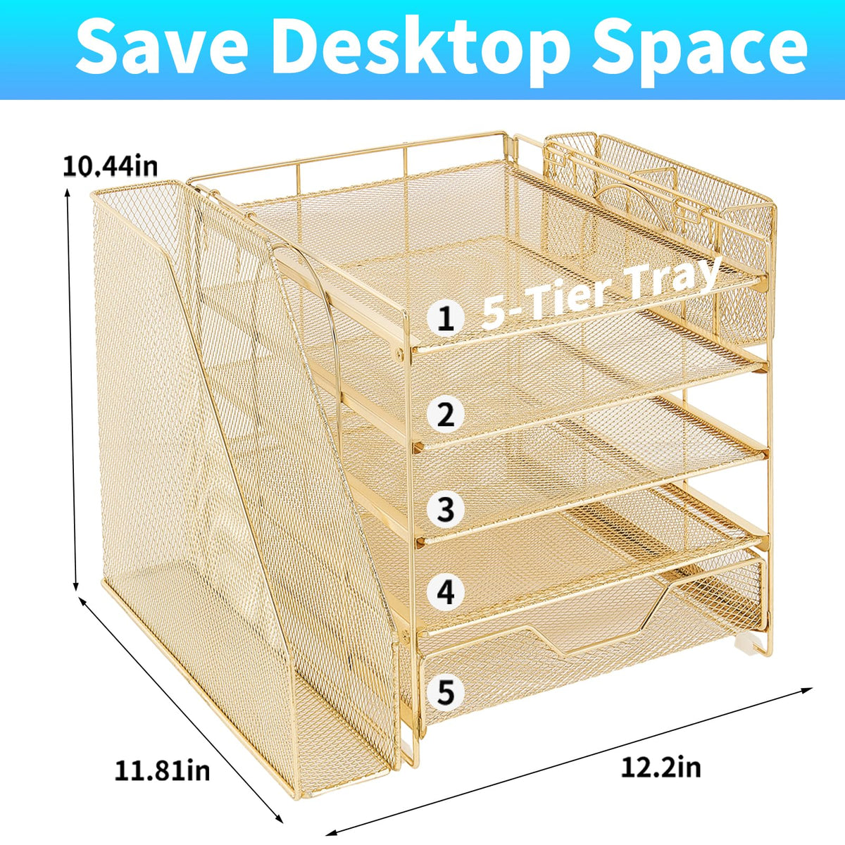 Gugsey 5-Tier Desk File Organizer with Drawer & Pen Holder (Gold)