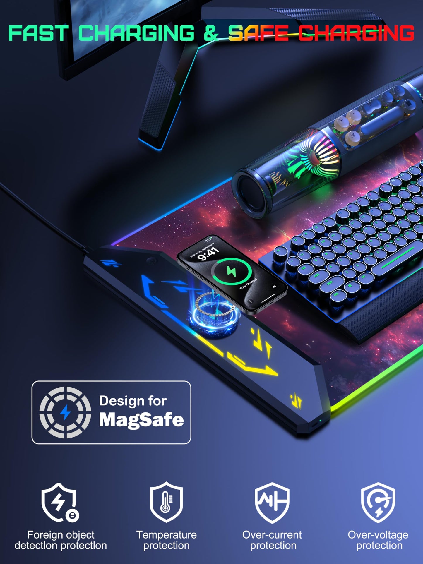 5-in-1 RGB Mouse Pad with Wireless Charging, Gaming Desk Mat, Red Nebula