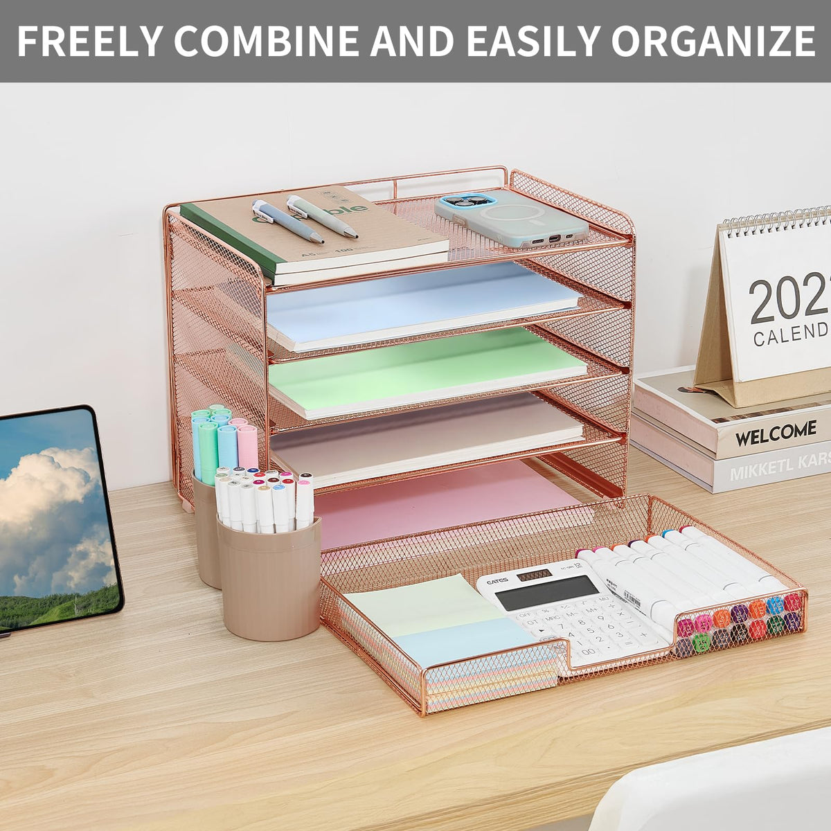 LEKETREE Desk Organizer and Accessories, 5-Tier Paper Letter Tray Organizer with Drawer & 2 Pen