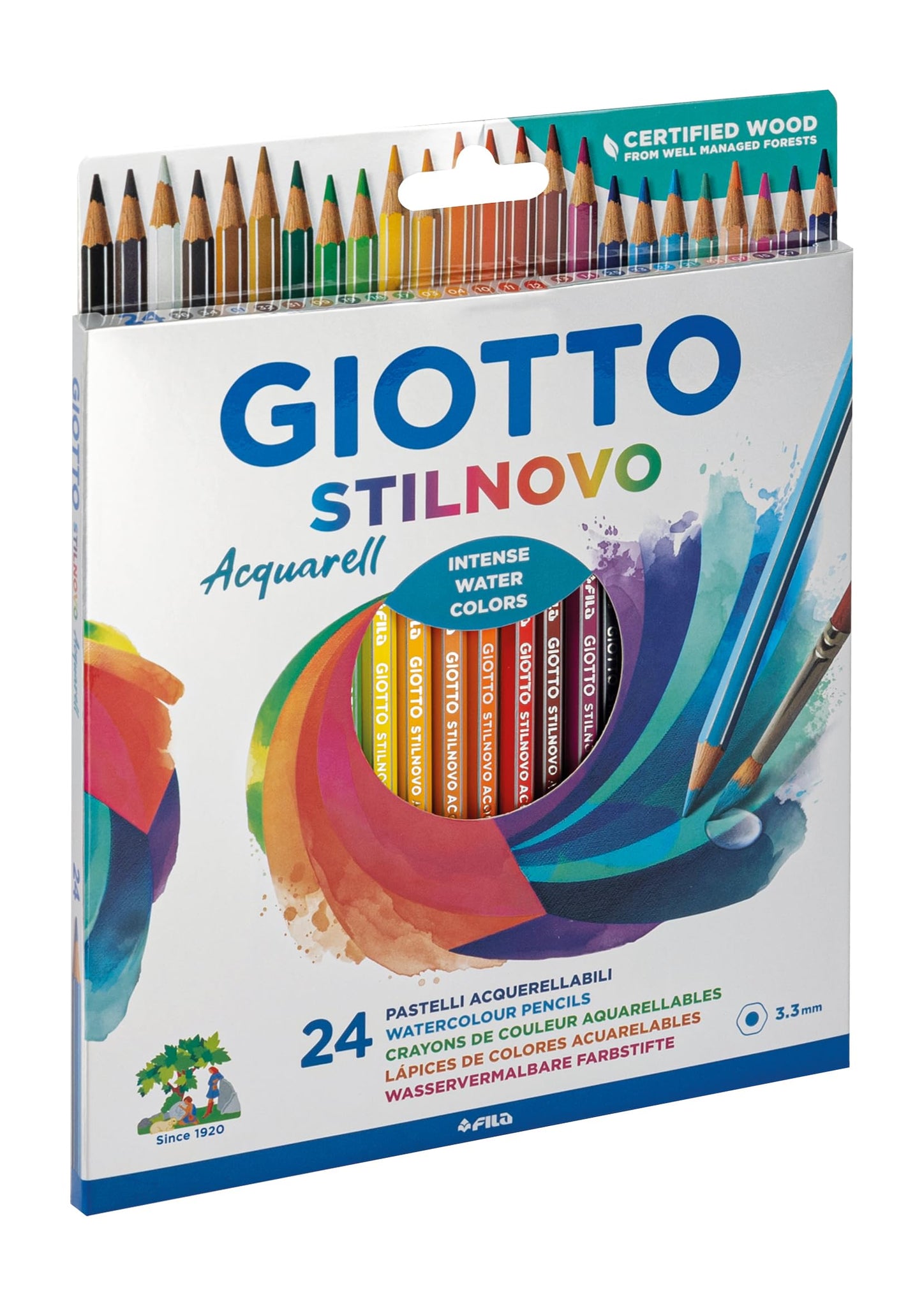 Giotto Stilnovo Acquarell Watercolour Colouring Pencils, 24 Assorted Colours, Ideal for Children