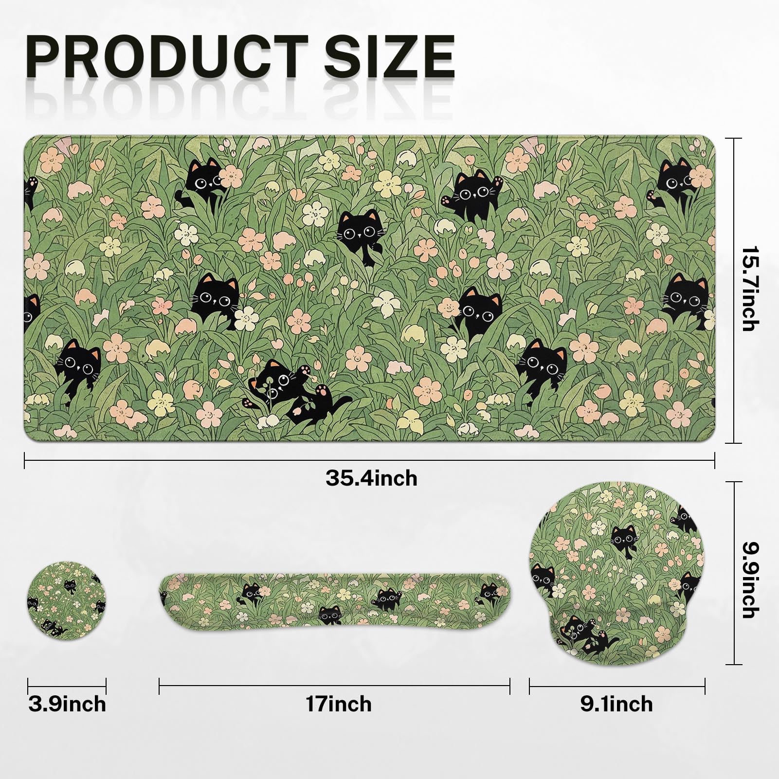 Arttown Keyboard Mouse Pad Set, 4 in 1 Desk Mat Set Black Cat