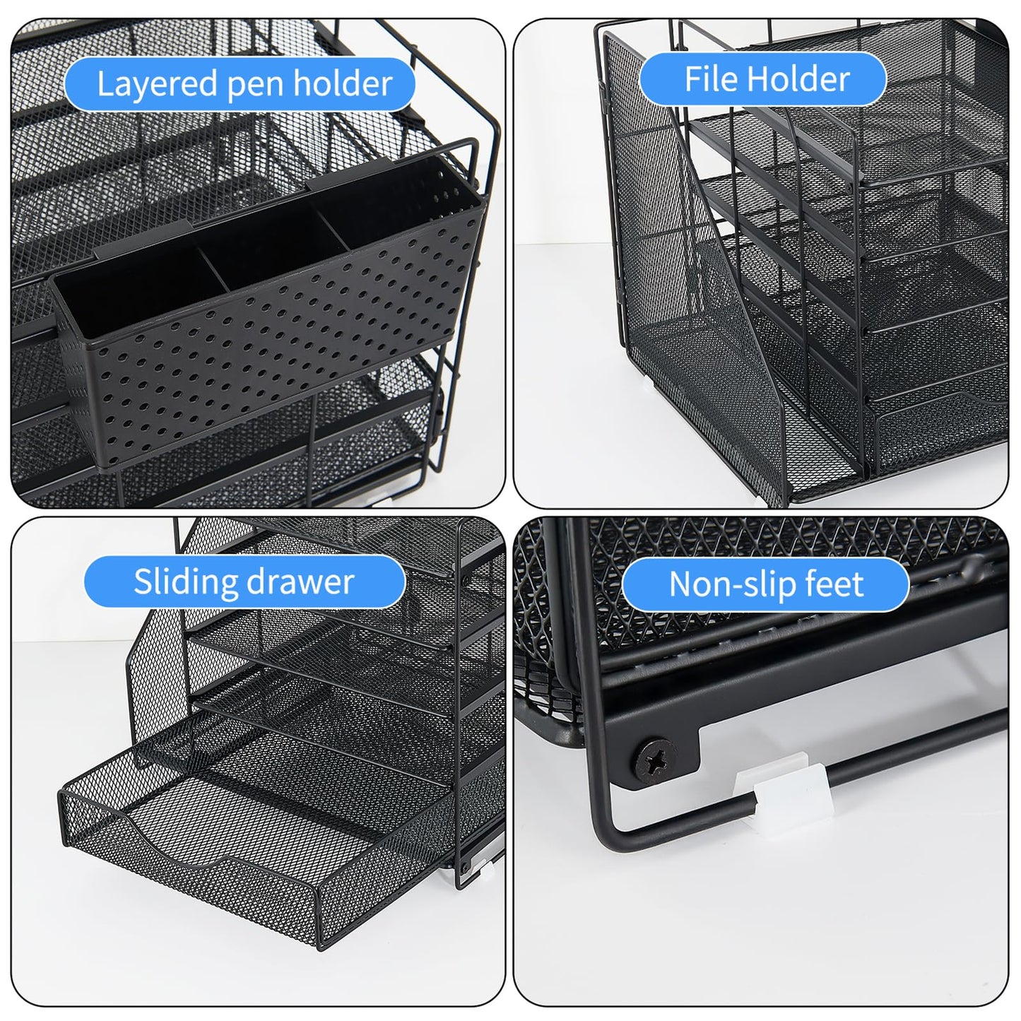 OUTIOE 5-Tier Desk Organizer with Drawer and Pen Holder, Black