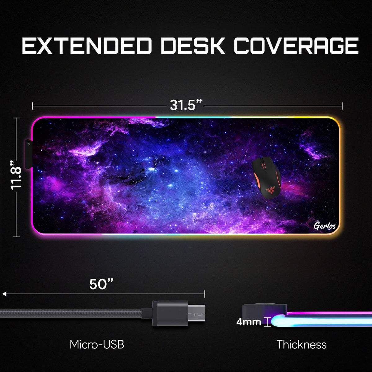 Gerlos RGB Gaming Mouse Pad, Large LED Desk Mat for Gamer, 31.5" x 11.8"