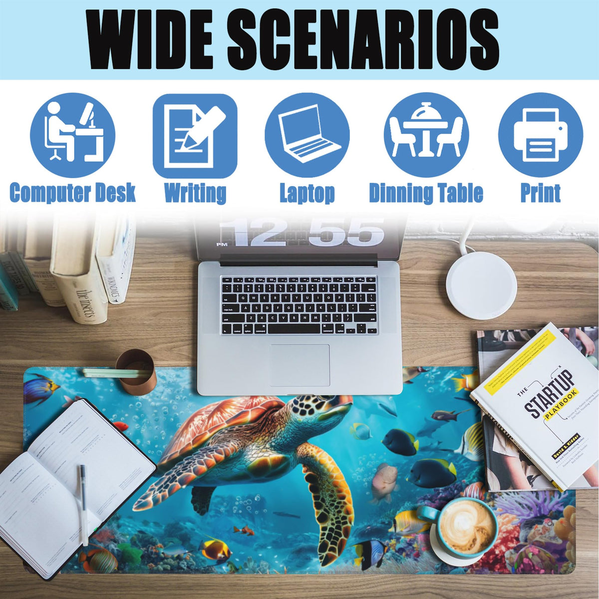 XL Mouse Pad,Sea Turtle with Colorful Fish Large Gaming Mouse Pad,The Underwater World Desk