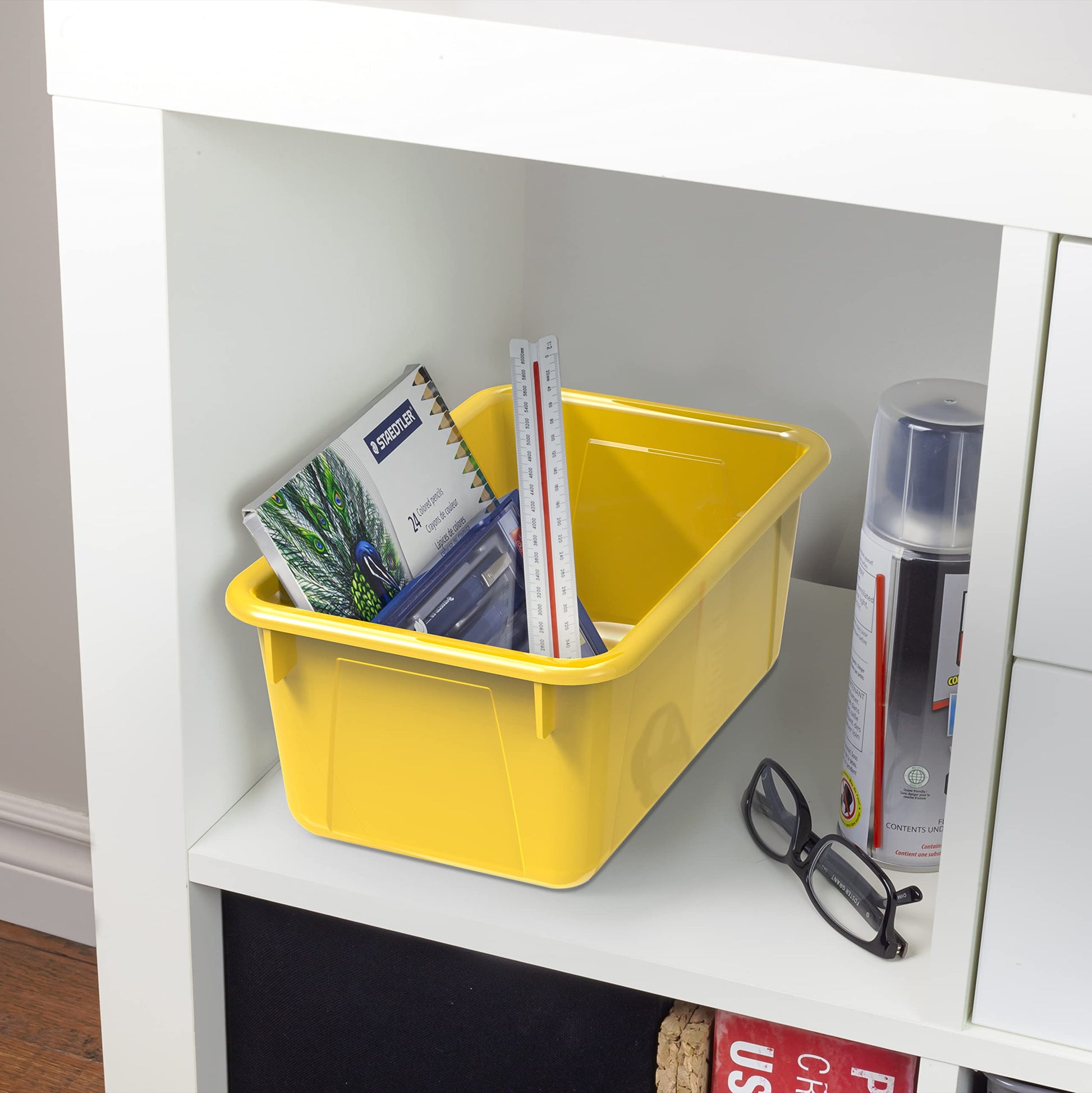 Storex Small Cubby Bins – Plastic Storage Containers for Classroom with Non-Snap Lid, 12.2 x 7.8 x