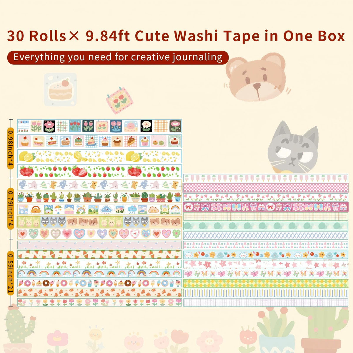 Gemmapylor Kwaii Washi Tape 30 Rolls, Decorative Masking Tape for Junk Journal, Scrapbooking