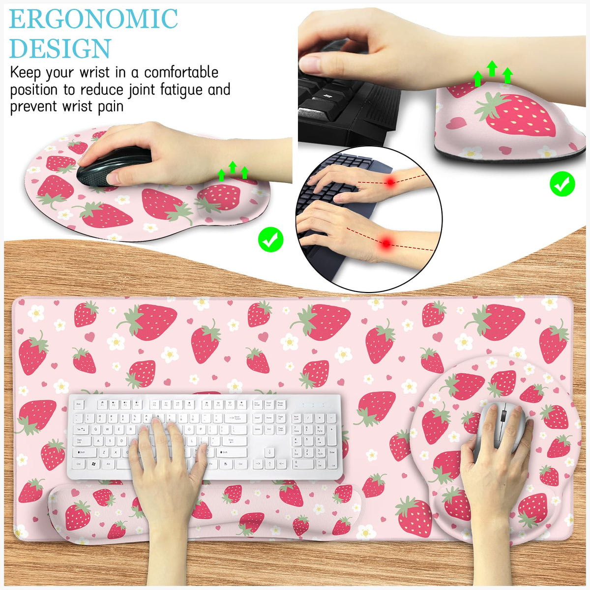 LIMKRIAN Strawberry Mouse Pad Large Desk Mat Set, Pink Ergonomic Mouse Pad