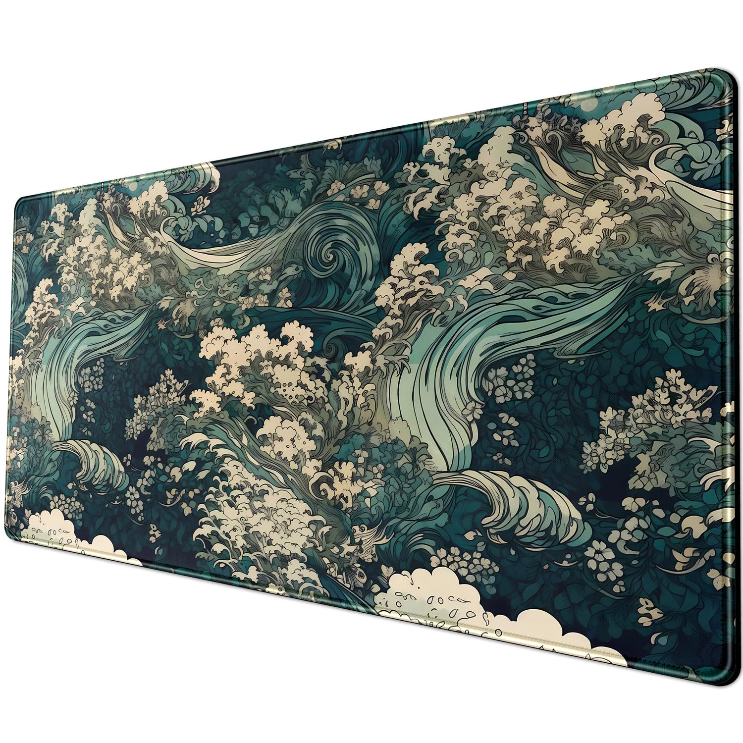 Japanese Large Mouse Pad Gaming Sea Wave Desk Pad Blue Sea Flower Art Aesthetics Desk Pad Non-Slip