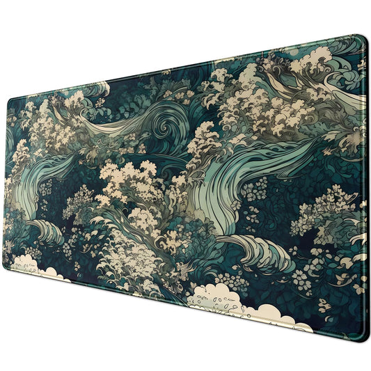 Japanese Large Mouse Pad Gaming Sea Wave Desk Pad Blue Sea Flower Art Aesthetics Desk Pad Non-Slip