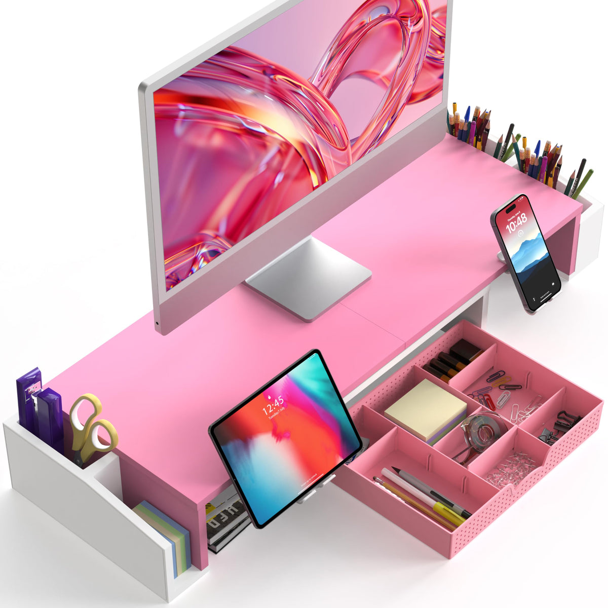Simple Houseware Desk Dual Monitor Stand Riser with Drawer, Pink