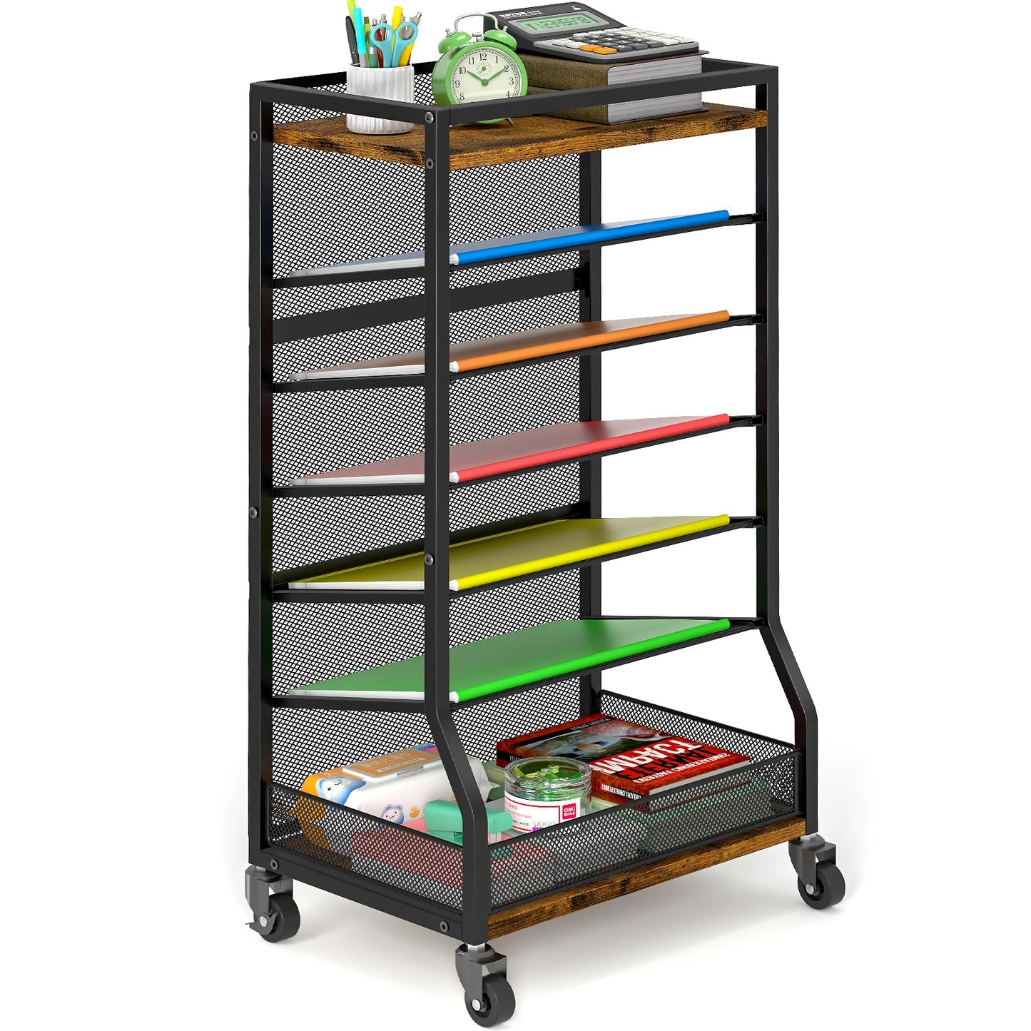 ThreeHio 7 Tier Rolling File Cart with Sliding Trays, Wood Metal File Organizer Beside Desk