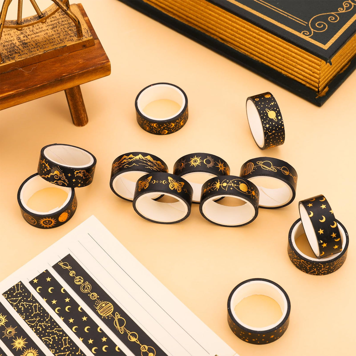 Whaline 12 Rolls Gold Foil Galaxy Washi Tape Black Gold Sun Moon Star Masking Tape Set Decorative